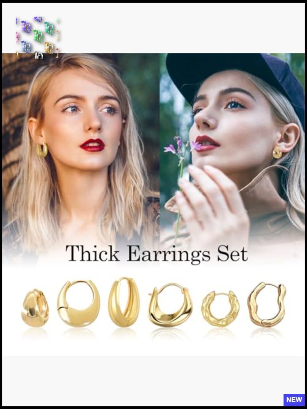 6 Pairs Chunky Gold Hoop Earrings Set for Women, 14K Gold Plated Huggie - Picture 6 of 7